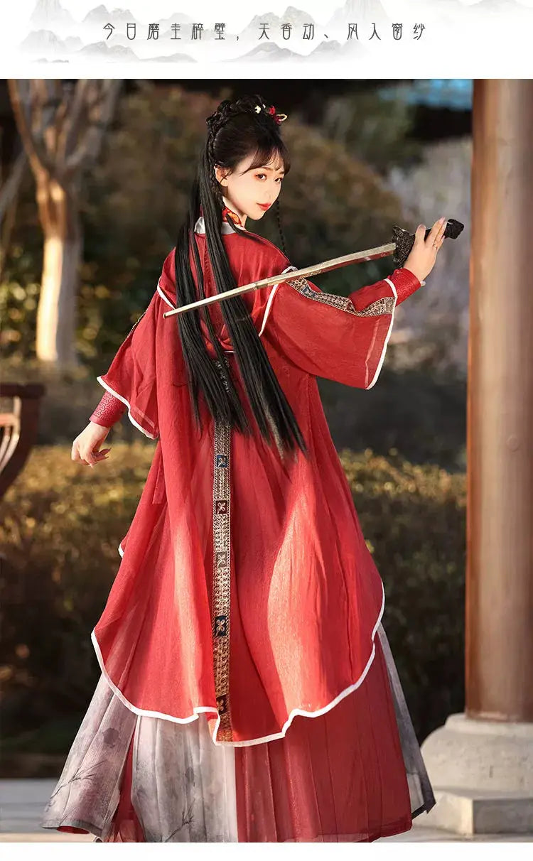 Red modern hanfu dress for women, blending traditional Song Dynasty elegance with contemporary style. Crafted from luxurious silk, this hanfu includes an optional matching coat or jacket, making it suitable for winter, casual outings, or formal occasions like graduations. Available at our online hanfu shop, offering a range of authentic hanfu for sale, this piece combines the beauty of classic Chinese clothing with modern fashion elements from top Chinese brands. Perfect for anyone looking for where to buy 