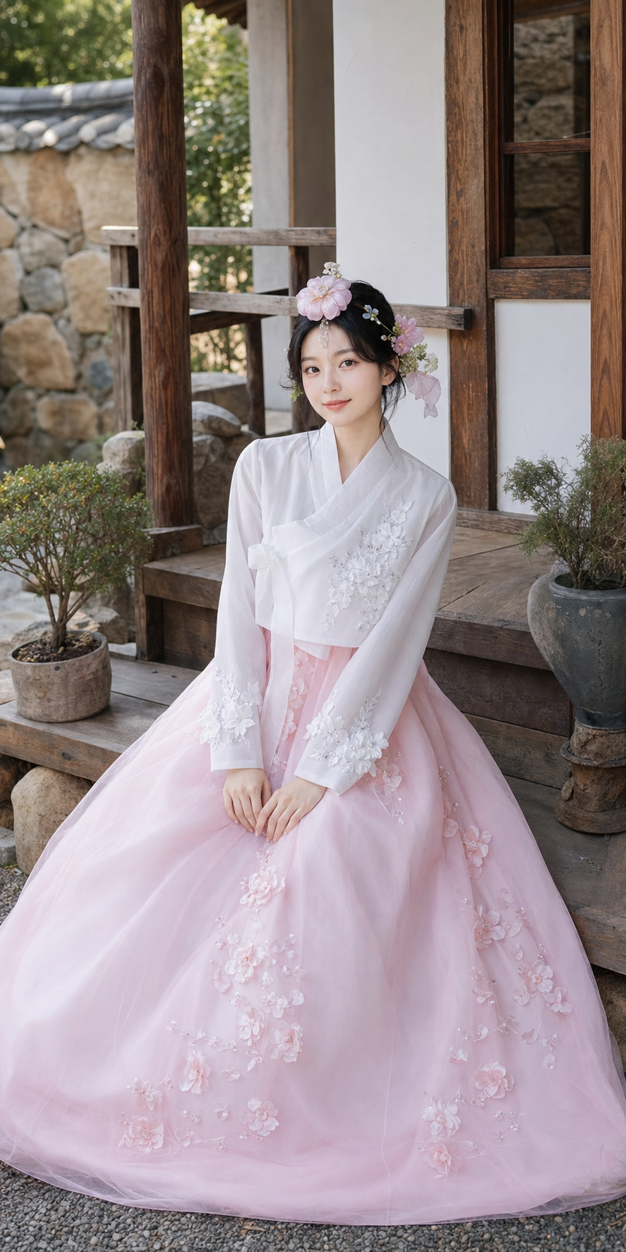  Pink 3d floral women hanbok white long sleeve jeogori and tulle chima skirt with floral headpiece dreamy bridal style for bride back view