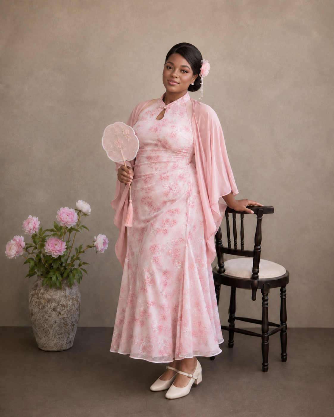 Pink cherry blossom floral plus size cheongsam cape qipao dress elegant new chinese style summer for curvy women back view