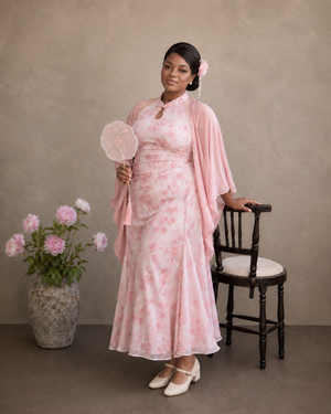 Pink cherry blossom floral plus size cheongsam cape qipao dress elegant new chinese style summer for curvy women back view