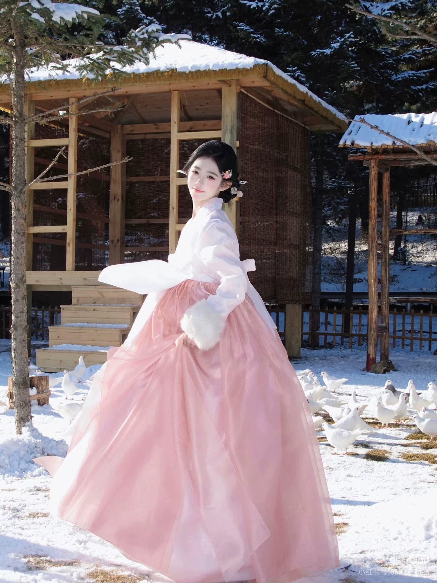 Pink full skirt hanbok elegant vibrant ensemble for portraits