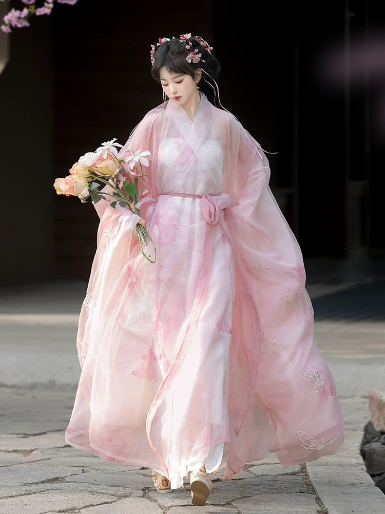  Pink gradient floral embroidery hanfu set wide sleeve robe with layered chiffon skirt for women summer back view
