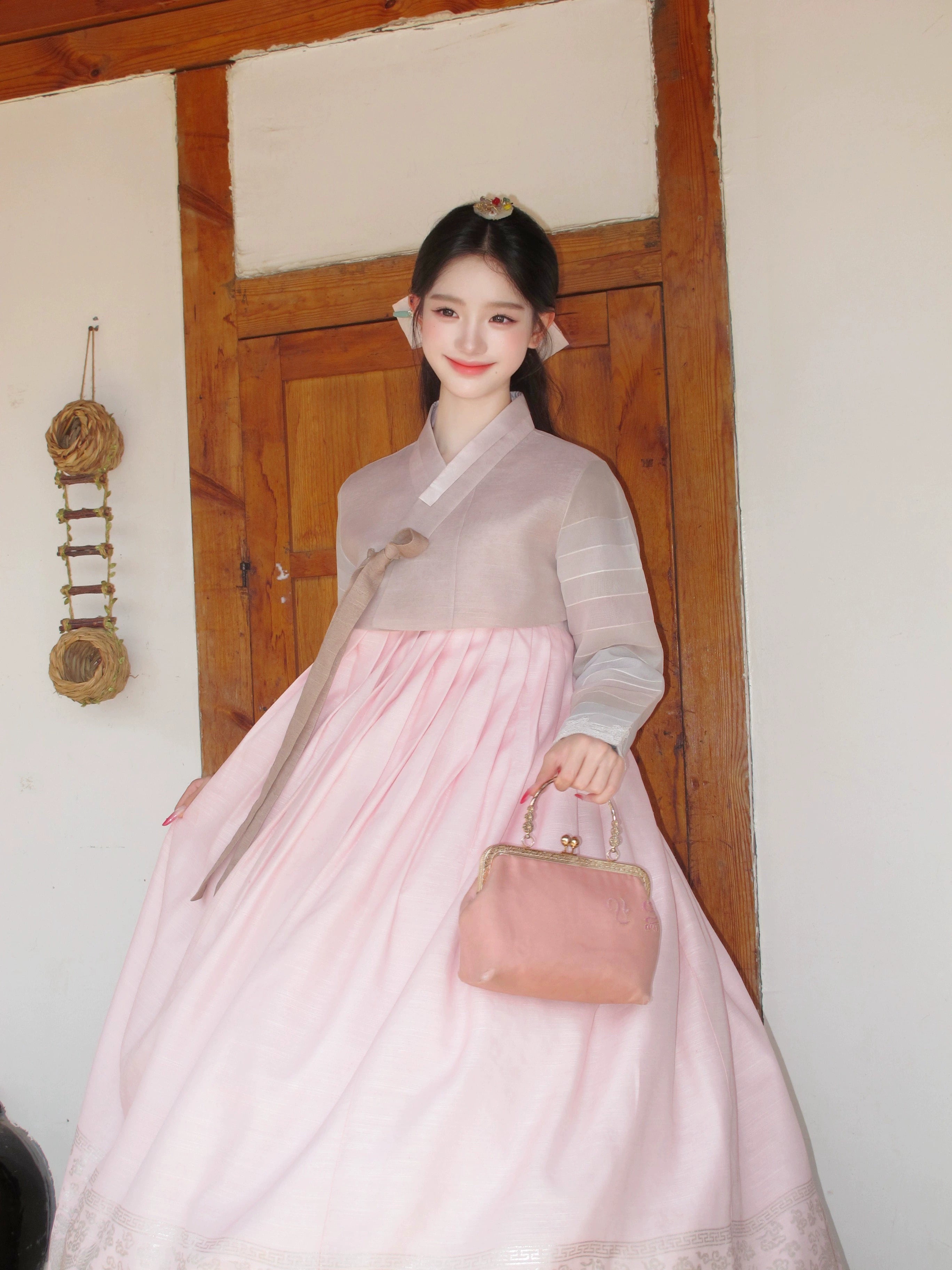 Pink grey korean hanbok traditional one size fits most dress

