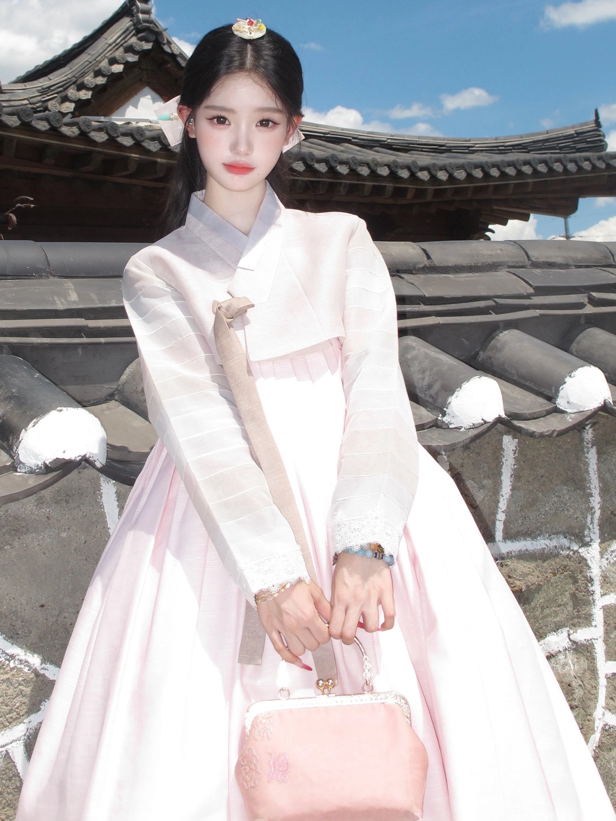 Pink grey traditional hanbok korean dress one size fits most