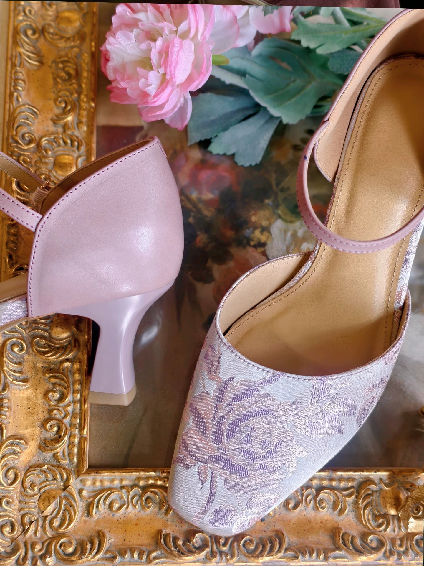 Pink lace floral cheongsam heels t strap stiletto pumps chinese style wedding bridal shoes for qipao and hanfu for women back view