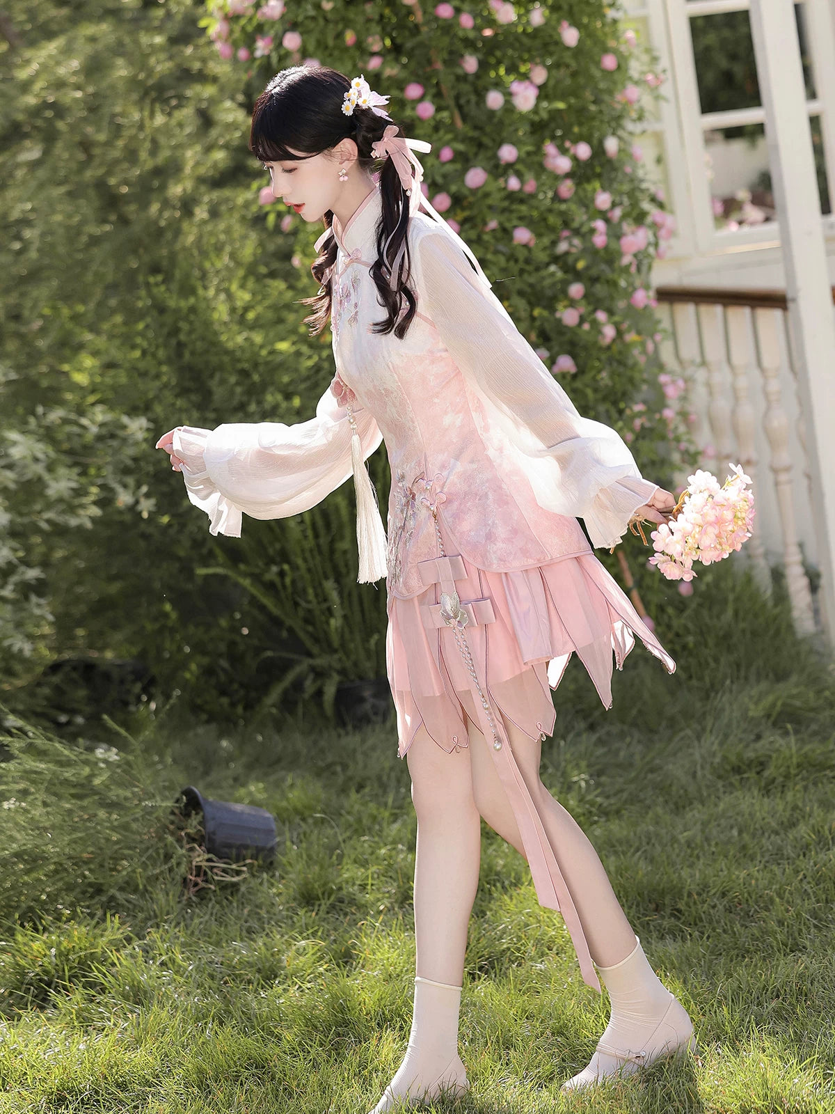 Pink ruffle puff sleeve lolita cheongsam qipao sweet chinese style mini dress for women back view