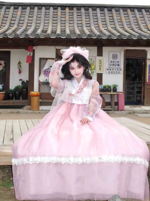 Pink traditional korean court dress hanbok for event