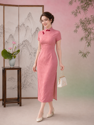 Plus size cheongsam qipao pink short sleeve slim midi dress with red mandarin collar and side slit modern elegant for curvy women front view