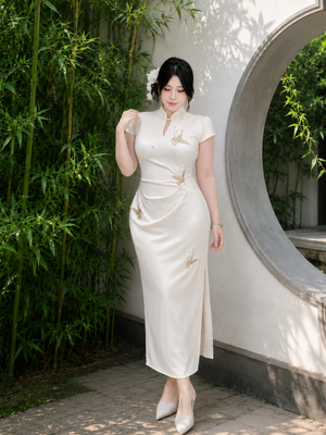 Plus size cheongsam qipao white jacquard short sleeve slim midi dress with mandarin collar and side slit elegant garden style for curvy women front view