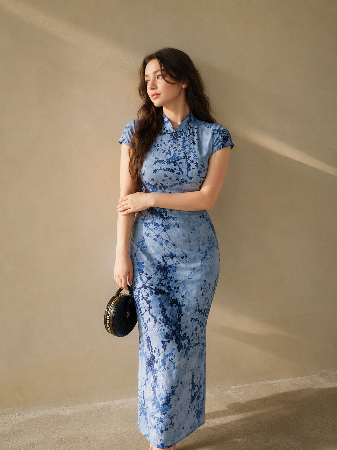 Plus size neo chinese plum blossom dress improved qipao vintage blue mandarin collar waist cinching midi for women back view