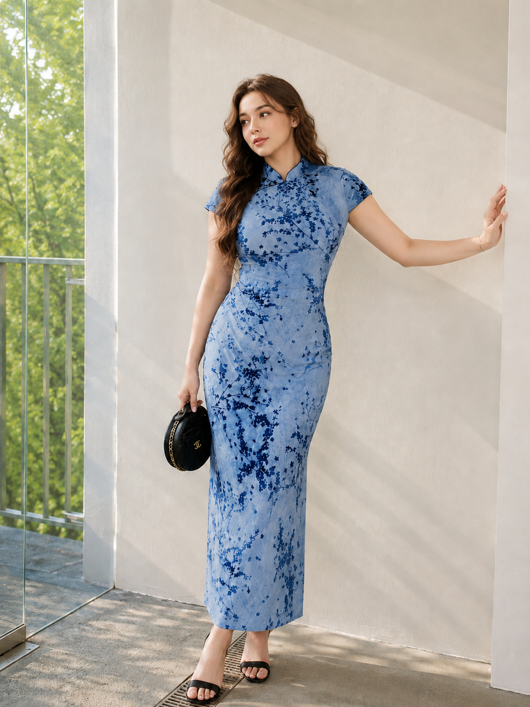 Plus size plum blossom neo chinese improved qipao dress vintage blue mandarin collar waist cinching midi dress for women front view