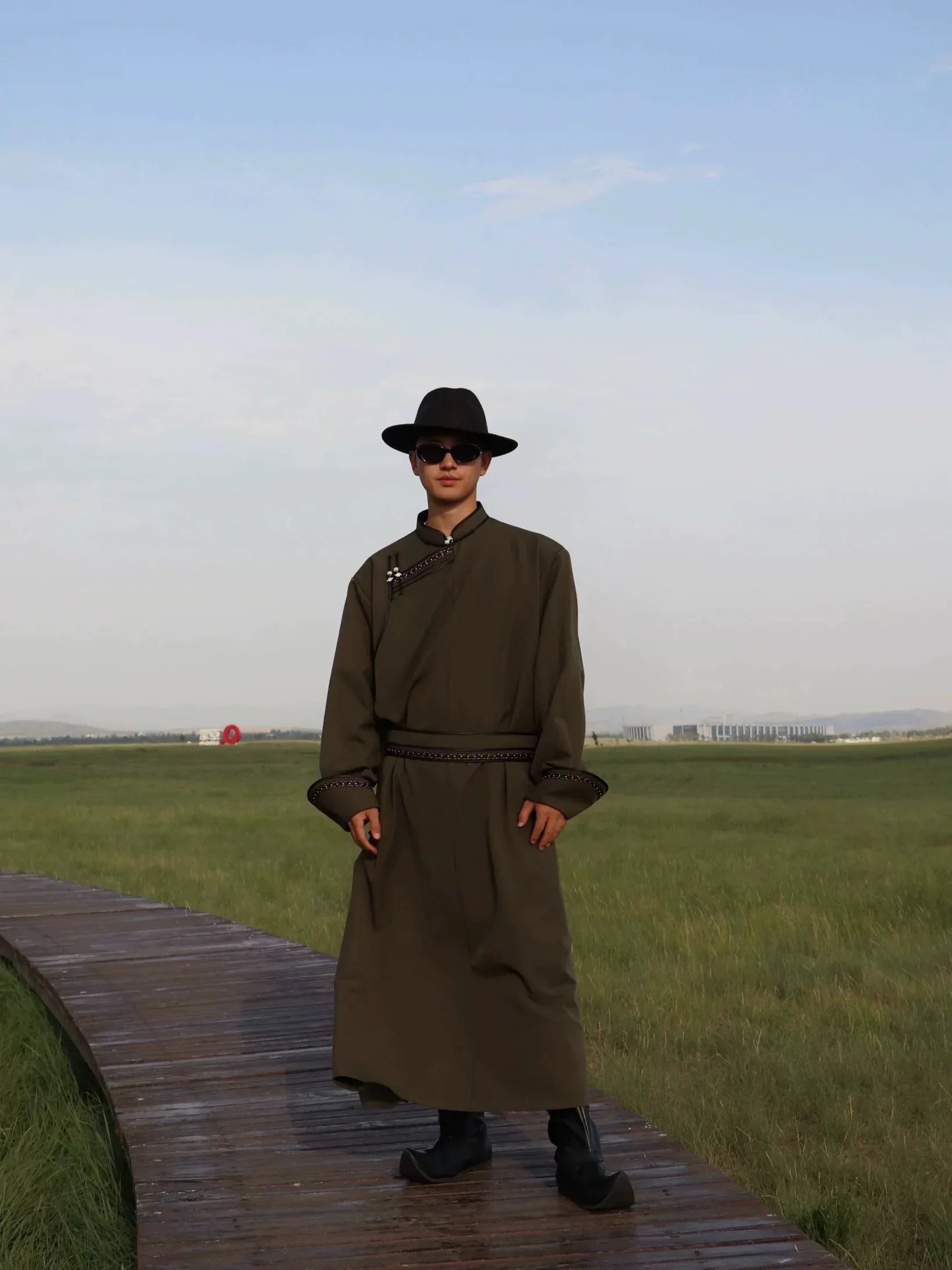 Premium traditional mongolian men robe hand fastened solid twill design for cold season back view