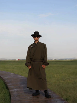 Premium traditional mongolian men robe hand fastened solid twill design for cold season back view