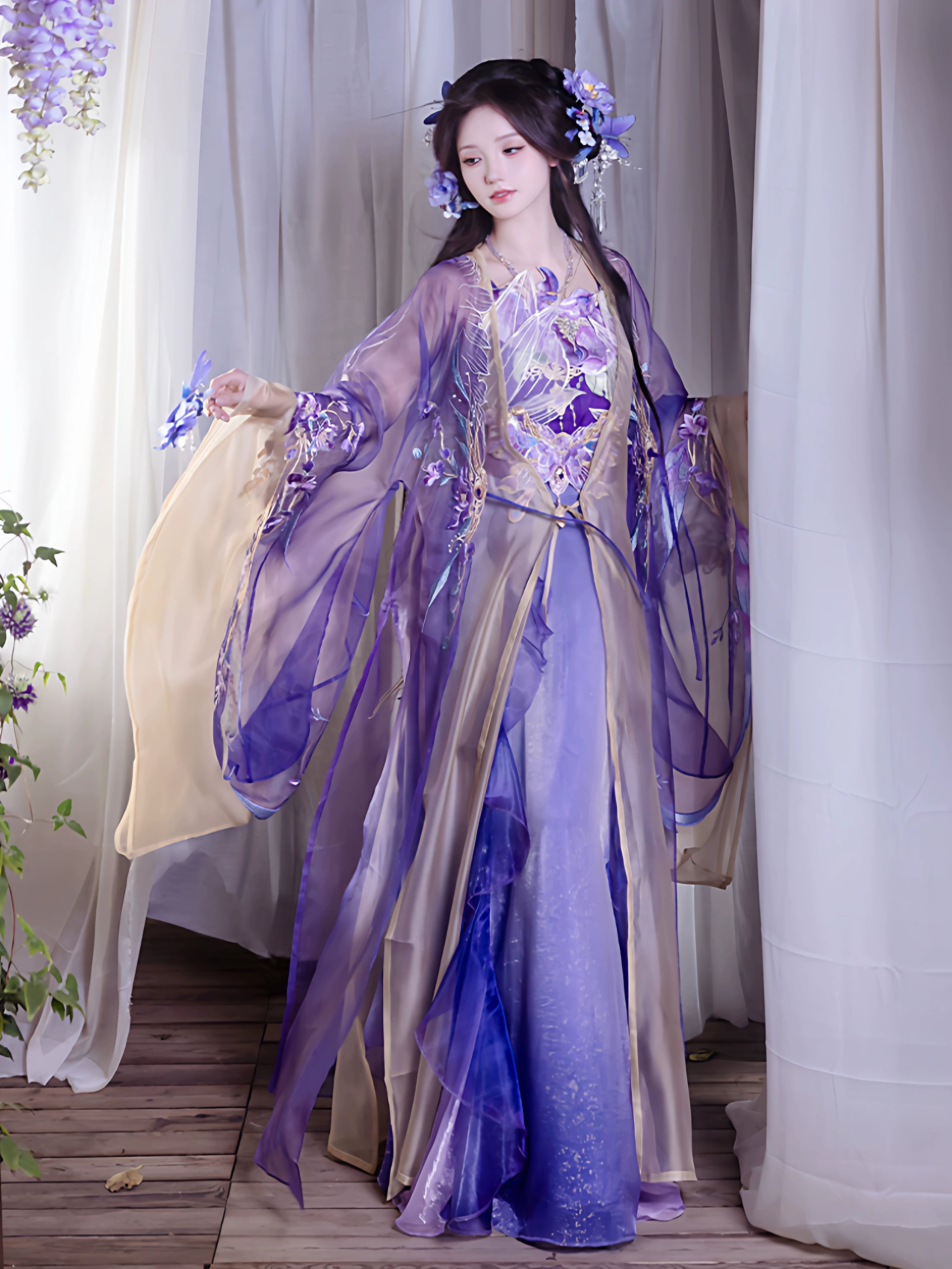 Purple butterfly embroidery hanfu set sheer gradient robe and maxi skirt traditional chinese dress for women front view