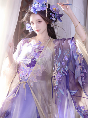 Purple butterfly sheer gradient hanfu embroidered robe and maxi skirt traditional chinese dress for women back view