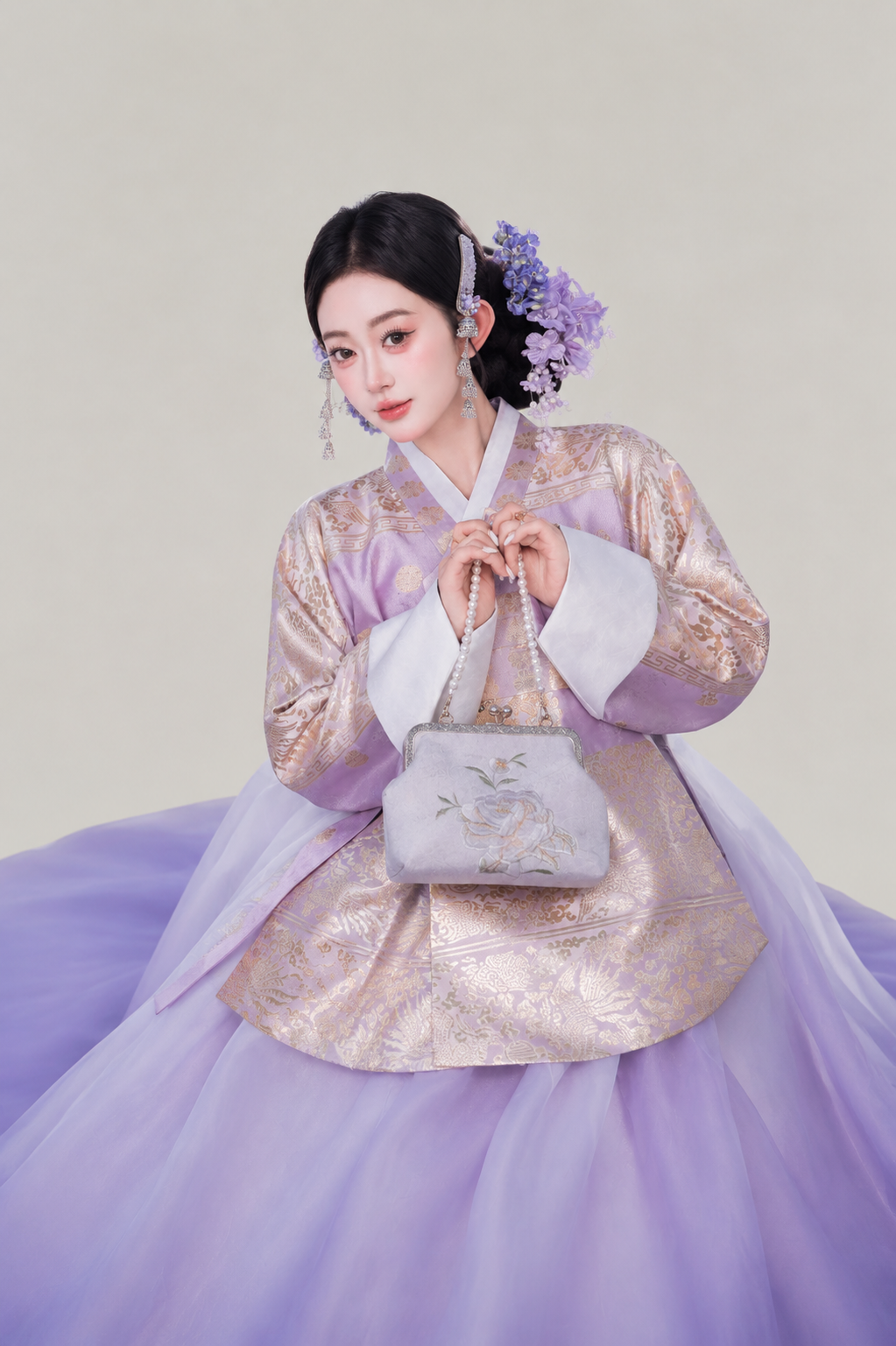 Purple mist ombre tulle hanbok gilded jacquard floral skirt for outdoor photos and events women fabric detail