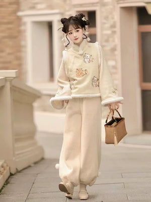 Raccoon embroidered autumn winter hanfu set short vest new chinese lantern pants and qipao skirt for women back view