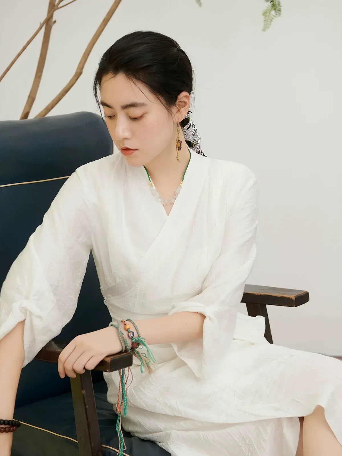 Realm of white tibetan inspired white gown yunshang new chinese style v neck dress for women back view