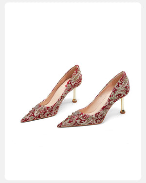 Red brocade floral chinese wedding heels embroidered pointed toe stiletto pumps with pearl charm bridal shoes for cheongsam qipao bride back view