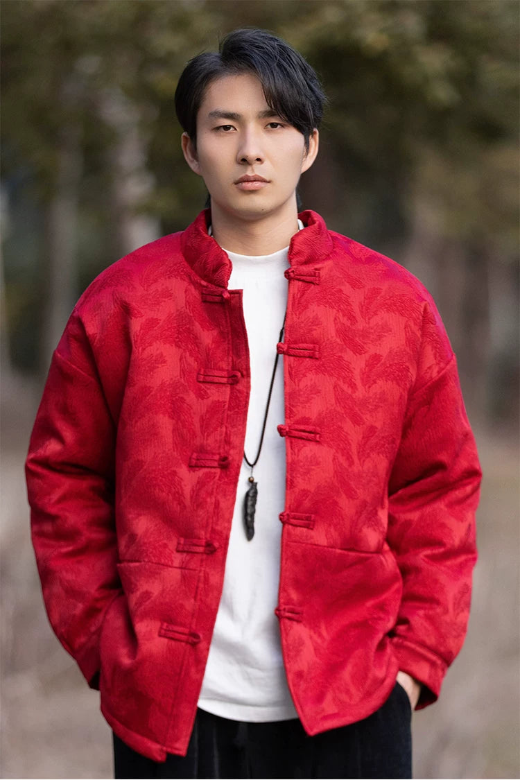 Red cotton padded tang suit jacket for men traditional chinese outerwear for cold days full length view


