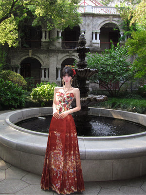 Red fishbone top hanfu fish banquet lantern night horse face skirt set