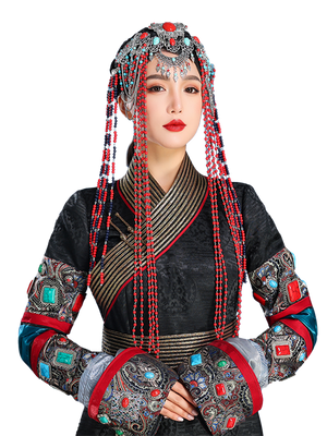 Red fringed mongolian headpiece for stage high end performance hair accessories for cultural dance shows fabric and fringe detail

