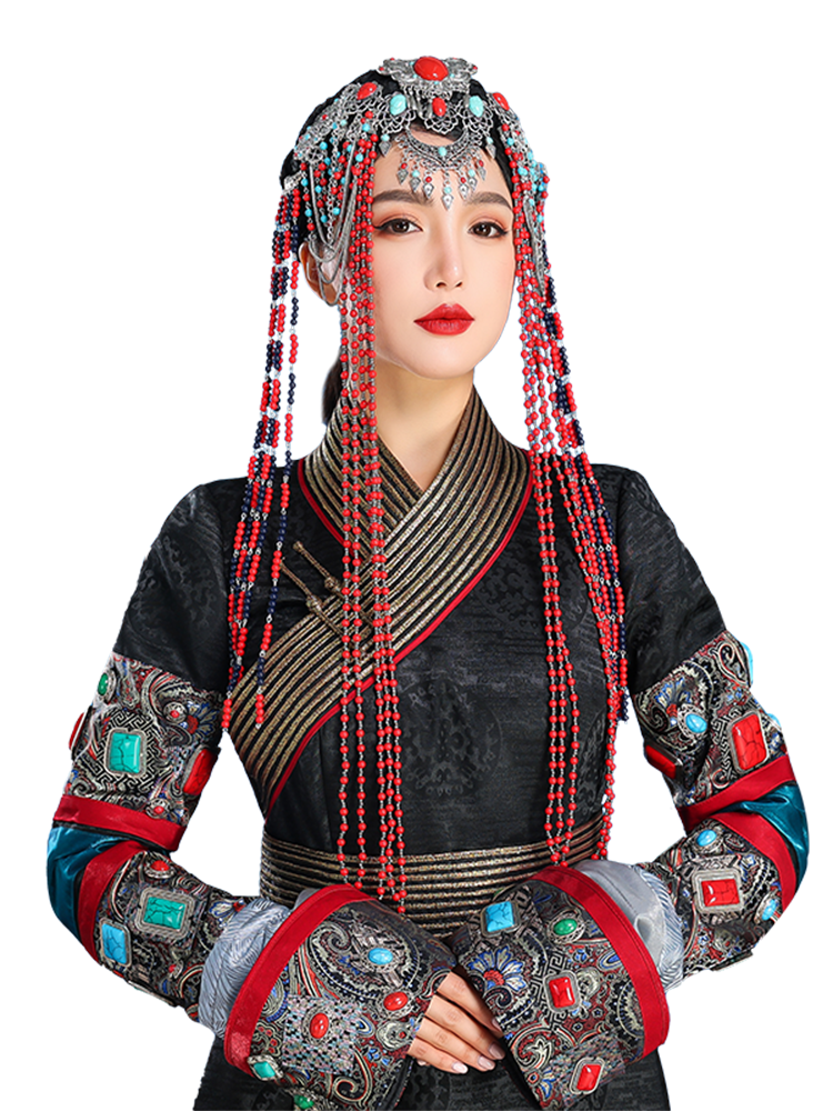 Red fringed mongolian headpiece for stage high end performance hair accessories for cultural dance shows fabric and fringe detail

