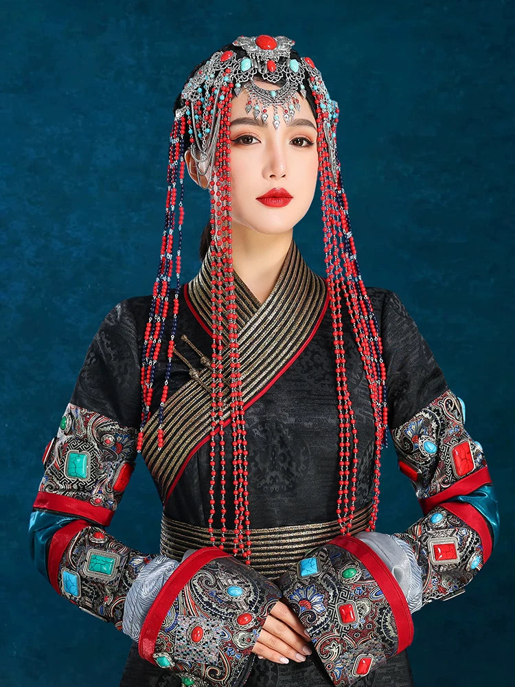Red mongolian fringed headgear high end performance hair accessories for women dance and stage front view

