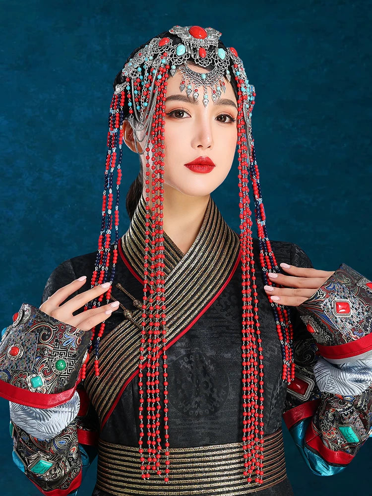 Red mongolian style fringed hair accessory high end performance headgear for stage and cultural events back view

