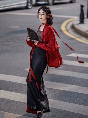  Red wide sleeve modern hanfu cardigan robe and black lace slip maxi dress dark gothic streetwear chinese style set for women back view