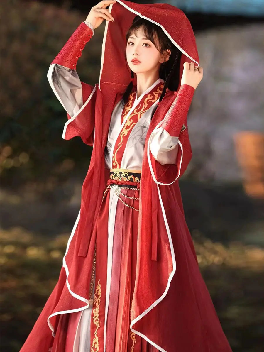 Red modern hanfu dress for women, blending traditional Song Dynasty elegance with contemporary style. Crafted from luxurious silk, this hanfu includes an optional matching coat or jacket, making it suitable for winter, casual outings, or formal occasions like graduations. Available at our online hanfu shop, offering a range of authentic hanfu for sale, this piece combines the beauty of classic Chinese clothing with modern fashion elements from top Chinese brands. Perfect for anyone looking for where to buy 