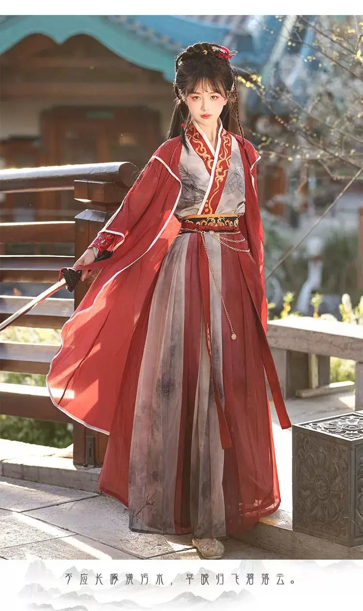 Red modern hanfu dress for women, blending traditional Song Dynasty elegance with contemporary style. Crafted from luxurious silk, this hanfu includes an optional matching coat or jacket, making it suitable for winter, casual outings, or formal occasions like graduations. Available at our online hanfu shop, offering a range of authentic hanfu for sale, this piece combines the beauty of classic Chinese clothing with modern fashion elements from top Chinese brands. Perfect for anyone looking for where to buy 