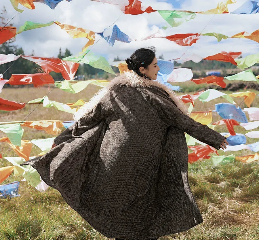 Reimagined tibetan style trench coat detachable fur collar for women daily and travel fabric and fur detail