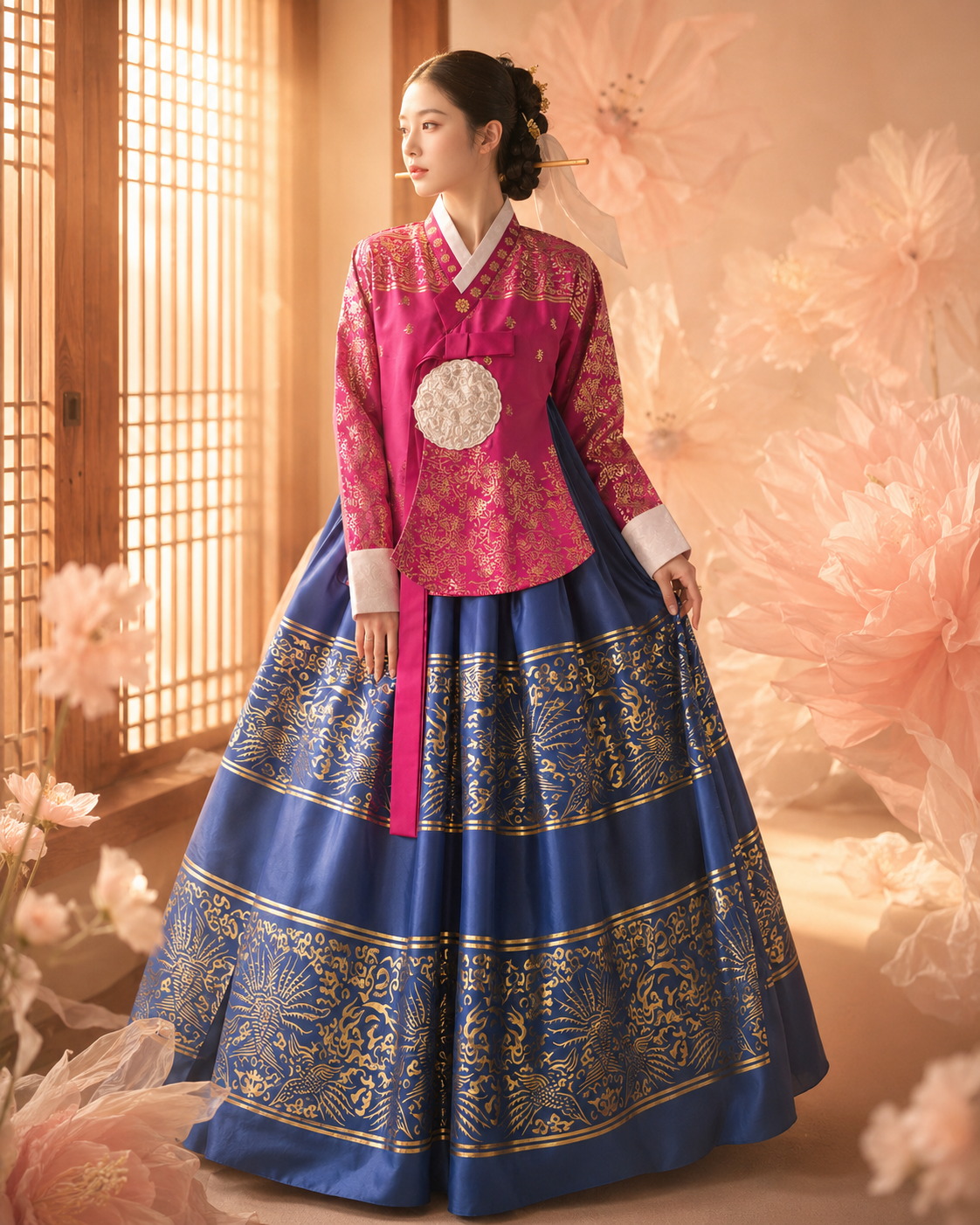 Rose pink floral traditional hanbok navy blue gold dragon jacquard chima skirt royal court style set for women back view