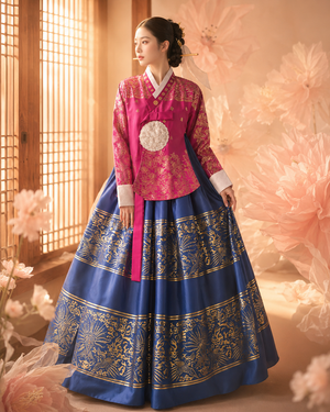 Rose pink floral traditional hanbok navy blue gold dragon jacquard chima skirt royal court style set for women back view