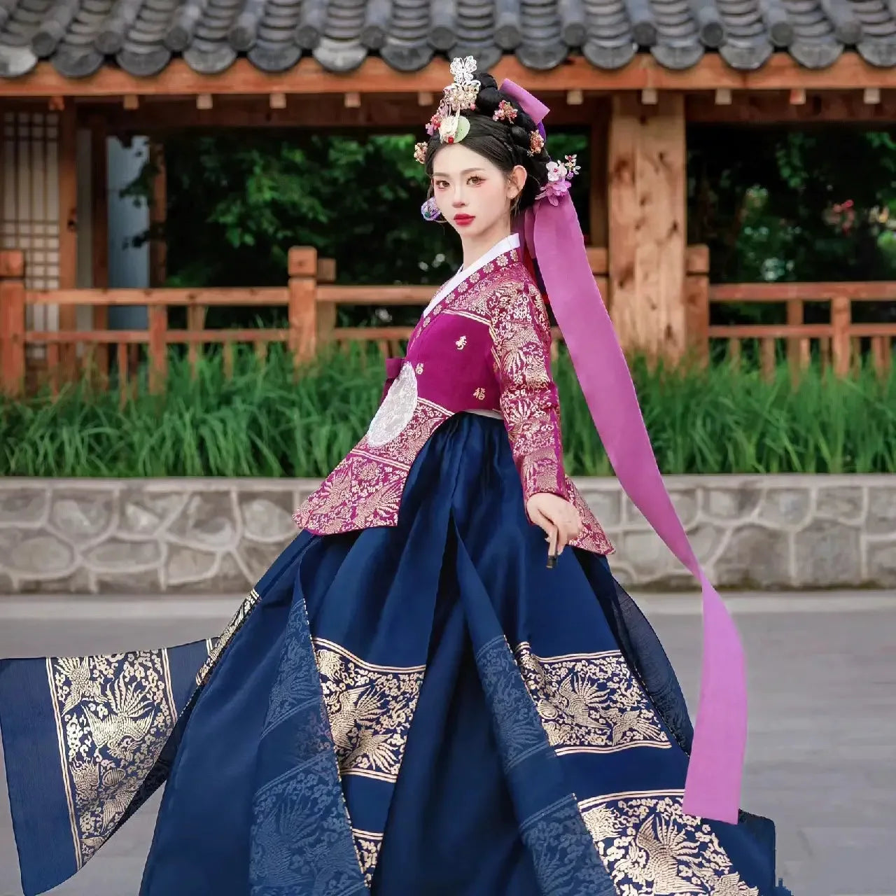 Rose red yanji princess court hanbok korean traditional royal palace dress side view