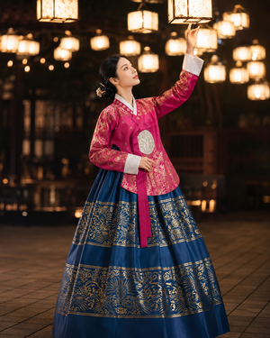 Royal court style traditional hanbok rose pink floral jeogori and navy blue gold dragon jacquard chima skirt for women fabric and jacquard detail