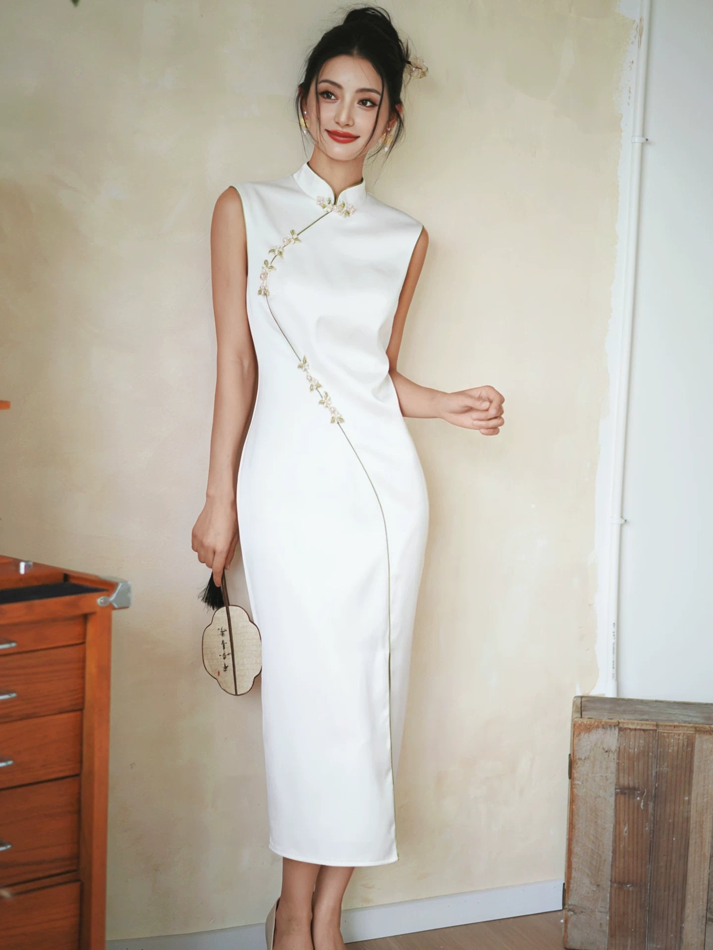 Ruoxi White thin engagement dress wedding license dress improved ch White Ruoxi improved cheongsam / M