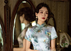Sage blue ink floral silk cheongsam long qipao dress with mandarin collar for women back view

