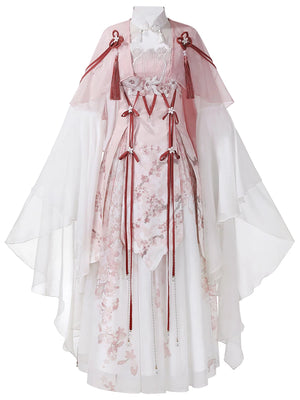 Sakura fairy style lolita hanfu pink white sheer wide sleeve outer robe and lace up mini skirt with tassel belt for women fabric and tassel detail