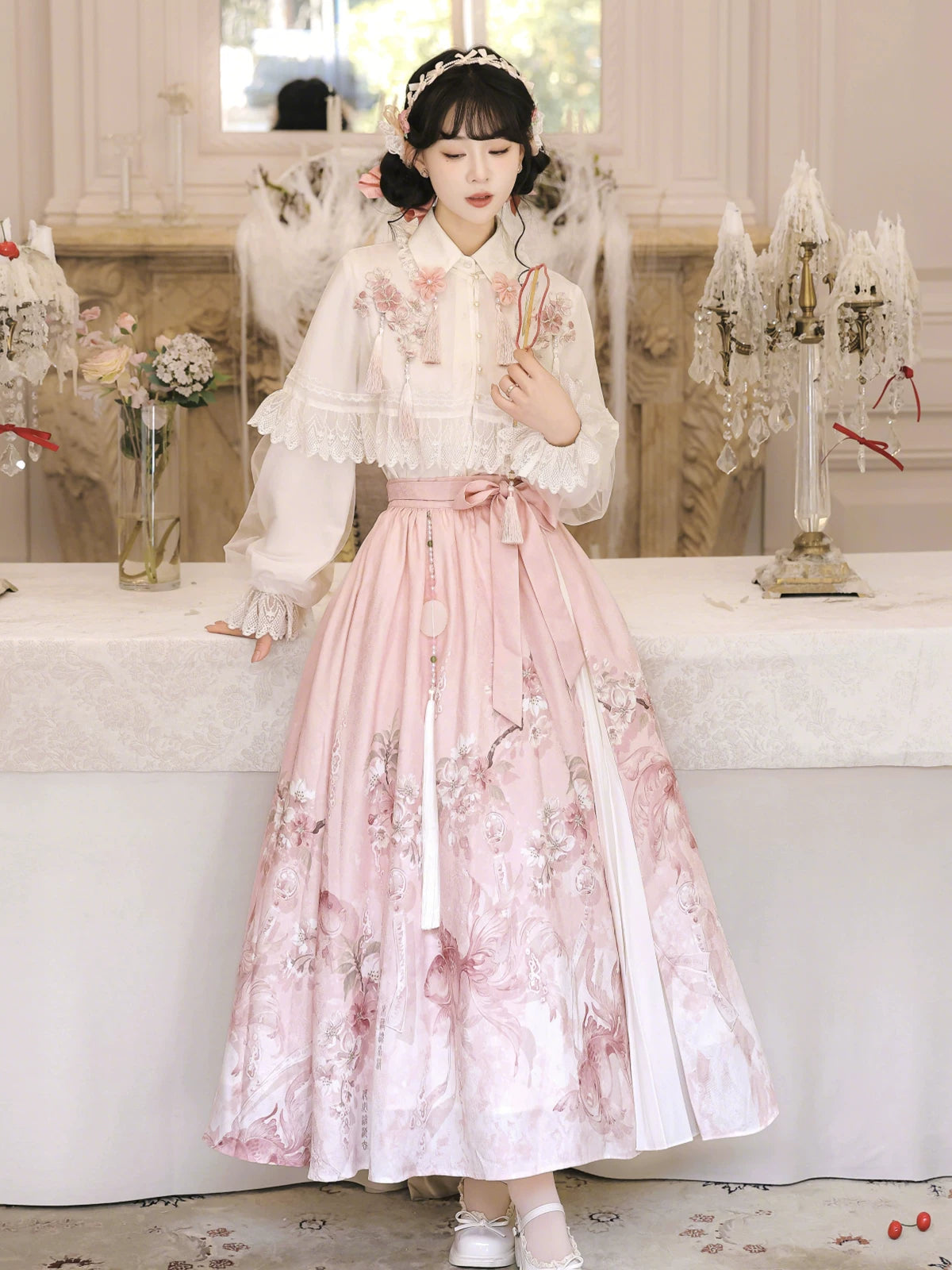 Improved hanfu set Sakura Rain featuring modern chinese top skirt and delicate shawl for daily wear