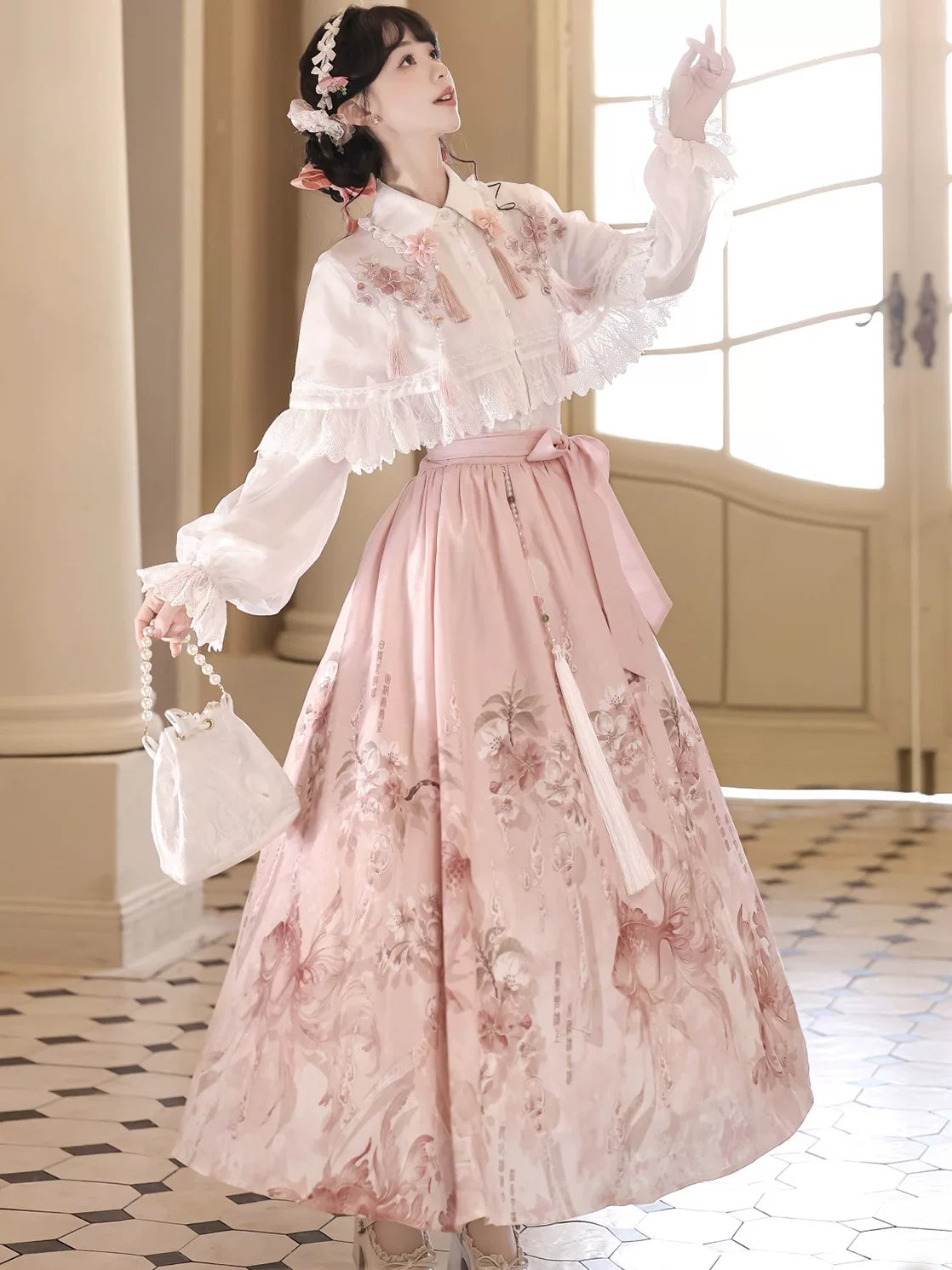  Contemporary chinese hanfu set Sakura Rain with traditional inspired top skirt and elegant shawl