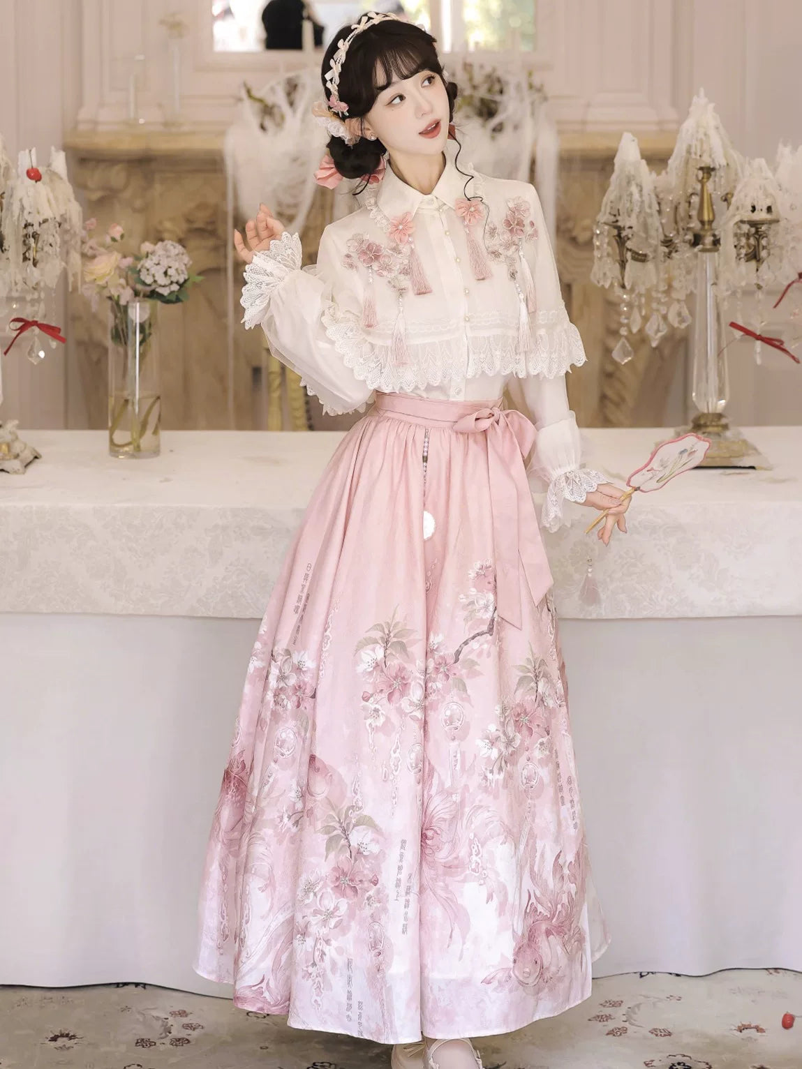 Sakura Rain modern hanfu top skirt set with matching shawl in improved chinese style design