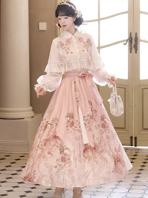 Sakura Rain improved hanfu set modern chinese top skirt and shawl in cherry blossom style