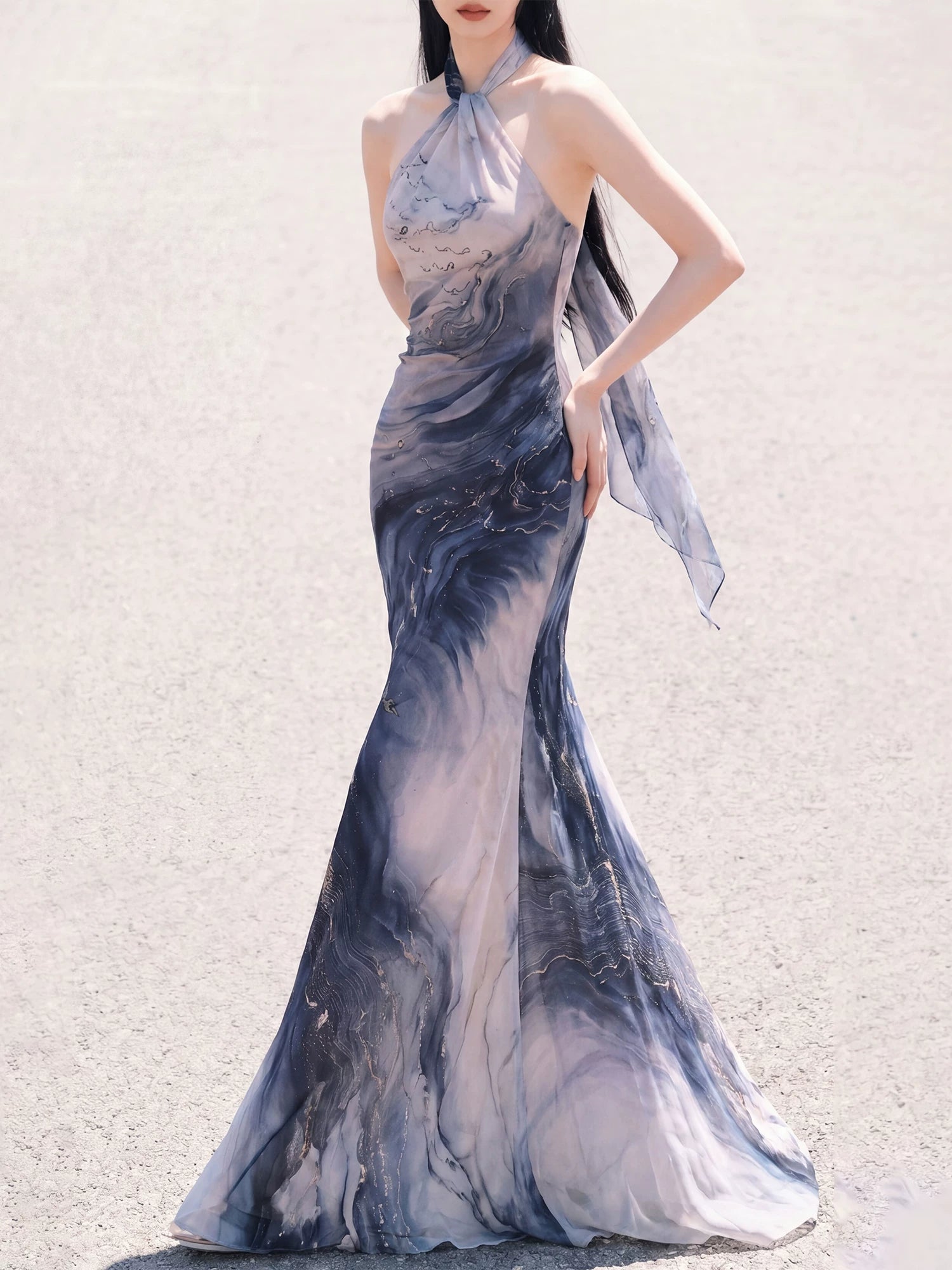 Sea blue ocean tide strap shoulder cut knitted dress long fish tail versatile vacation waist femininity for women front view