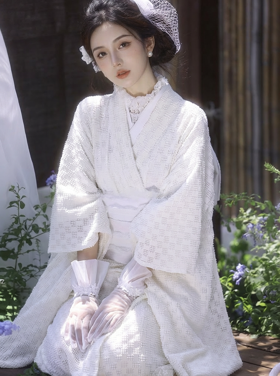 Sheer lace traditional japanese kimono single layer yukata robe modern silhouette and tabi socks set back view