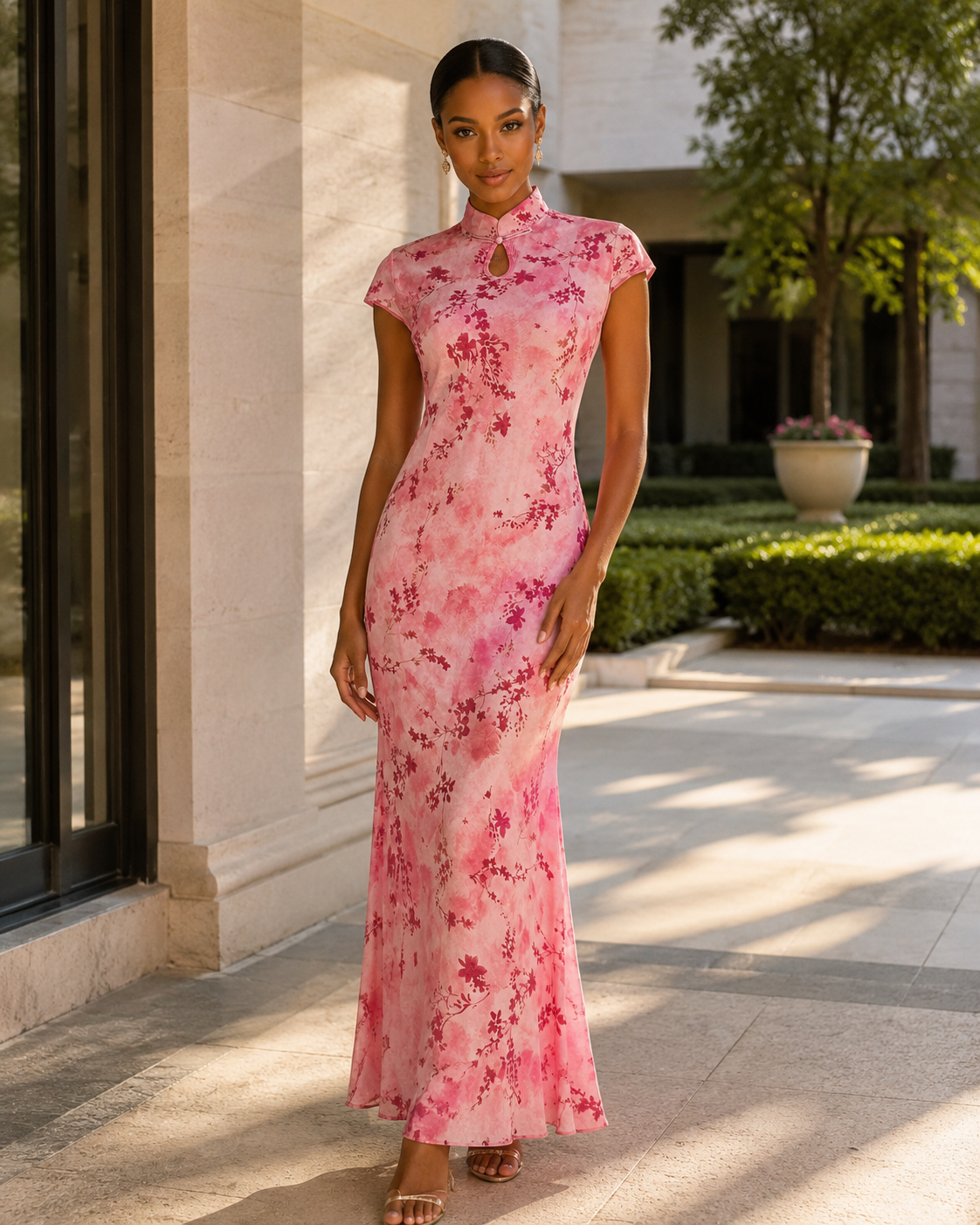 Silk cheongsam qipao pink floral print mulberry silk short sleeve slim maxi dress with mandarin collar for women front view

