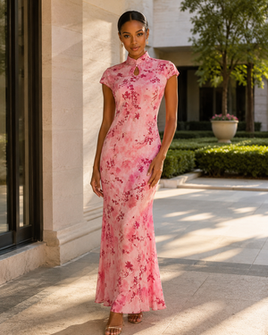 Silk cheongsam qipao pink floral print mulberry silk short sleeve slim maxi dress with mandarin collar for women front view

