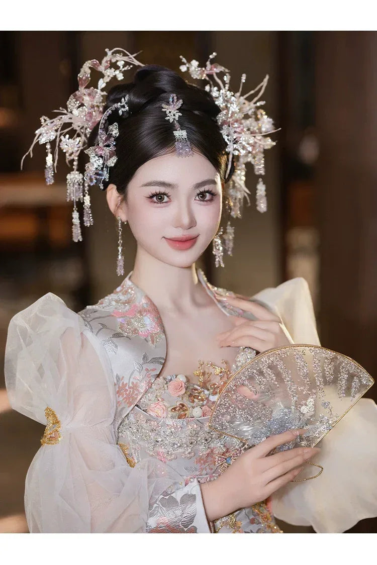 Silver pink bridal crystal hairpin set chinese elegant headpiece for hanfu and qipao wedding photoshoot crystal and hairpin detail