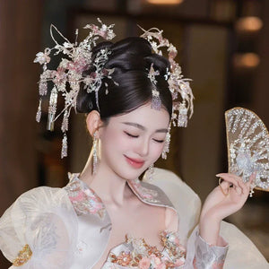 Silver pink crystal hairpin set chinese bridal headpiece for hanfu and qipao wedding ceremony back view